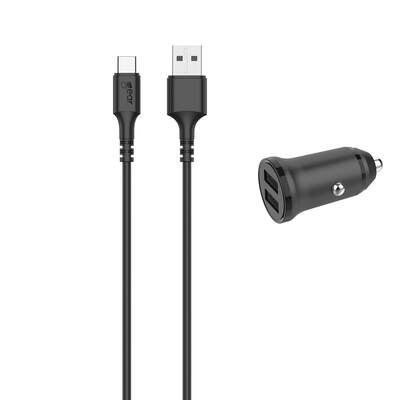 Charger 12-24V 2xUSB 3.4A Black USB-C 2.0 cable 1m