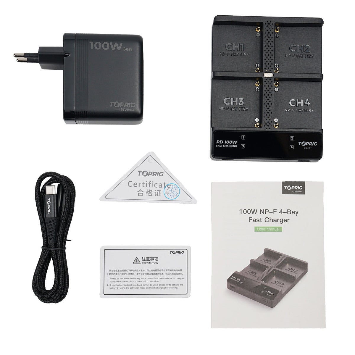 Hurtiglader TopRig 100W 4-Bay NP-F EU GaN