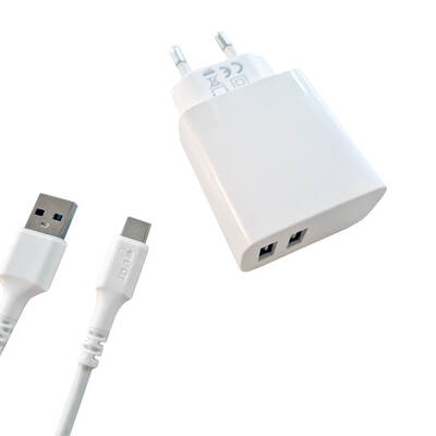 Charger 220V 2xUSB-A 3.4A White USB-C 2.0 Cable 1m