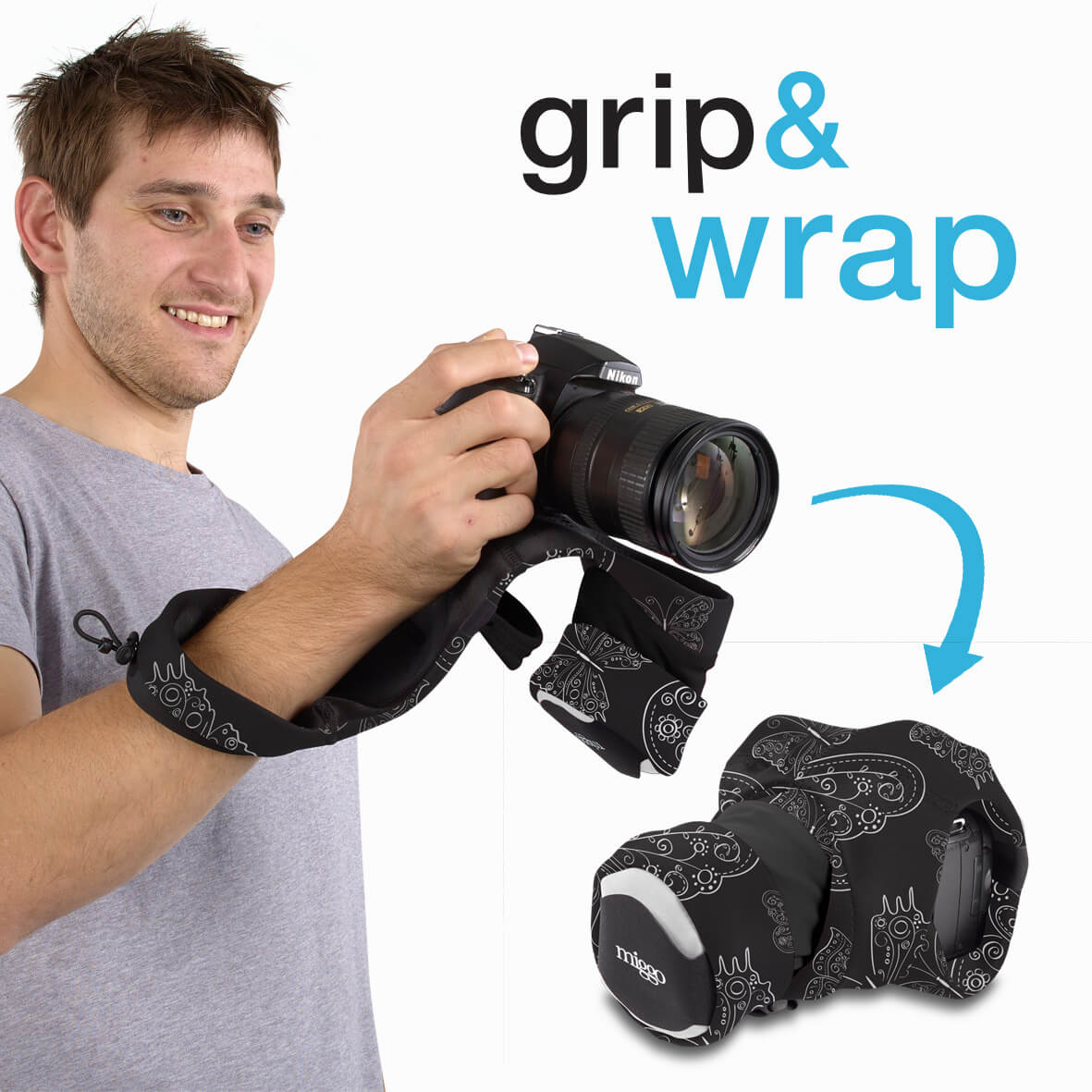 Protective Case with Grip Gri p and Wrap for DSLR, Black/Whi