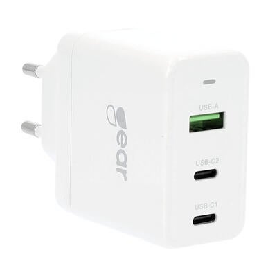 GEAR Charger GAN 220V 2xUSB-C + 1xUSB-A PD 45W + 18W + 5A (tot. 65W) Vit