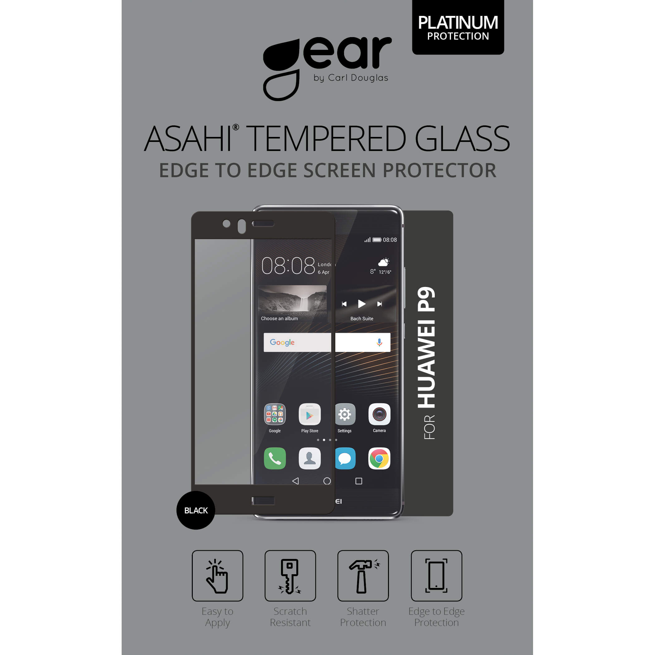 GEAR Glass Prot. 3D Full Fit Black Huawei P9