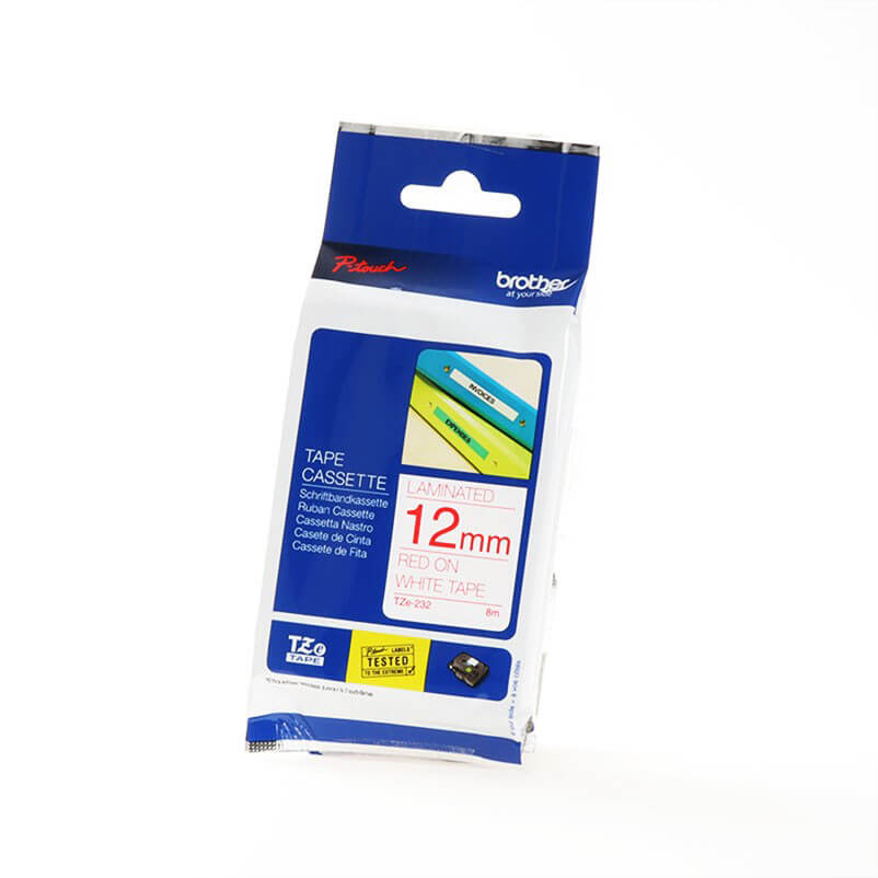 P-Touch TZE-232 12mm Punainen päälle Valkoinen